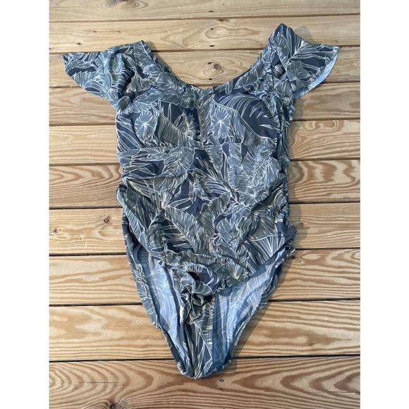 NEW Denim & Co Ruffle Sleeve One Piece Swimsuit Size 12 Women’s Olive V Neck - Picture 1 of 8